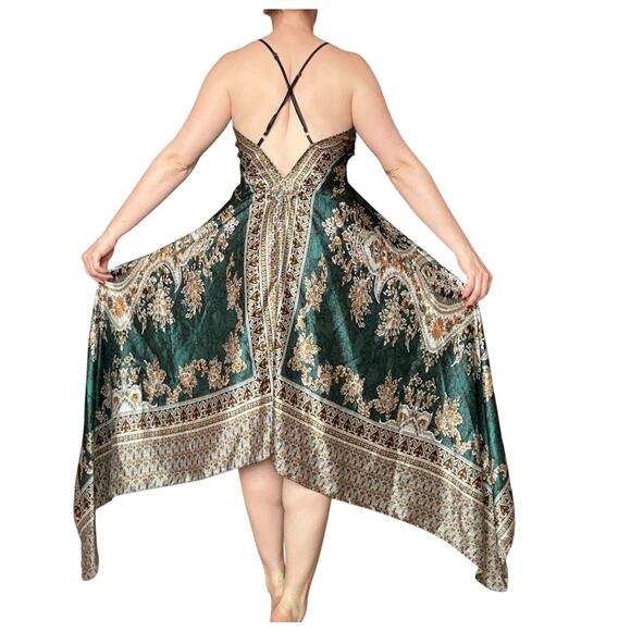 Thai Silk Green V-Cut Asymmetrical Hem Back Cross Strap Paisley Print Dress - Picture 2 of 12